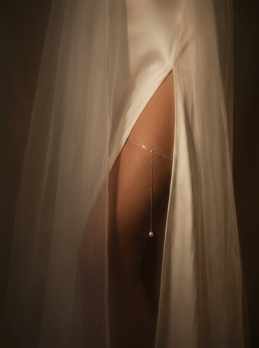 Hidden Scent — thigh chain glimpsed through a skirt slit